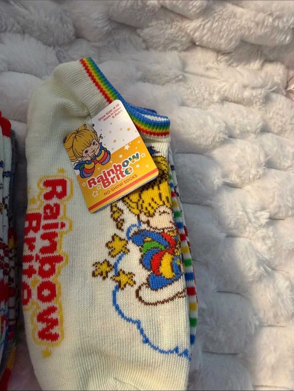 Rainbow Brite Cream Ankle Socks with Rainbow Trim